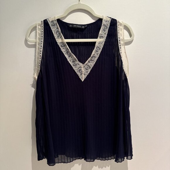 Zara Size M Women, Navy Blue & Cream lace, sheer pleated Romantic fairy y2k - Picture 4 of 11